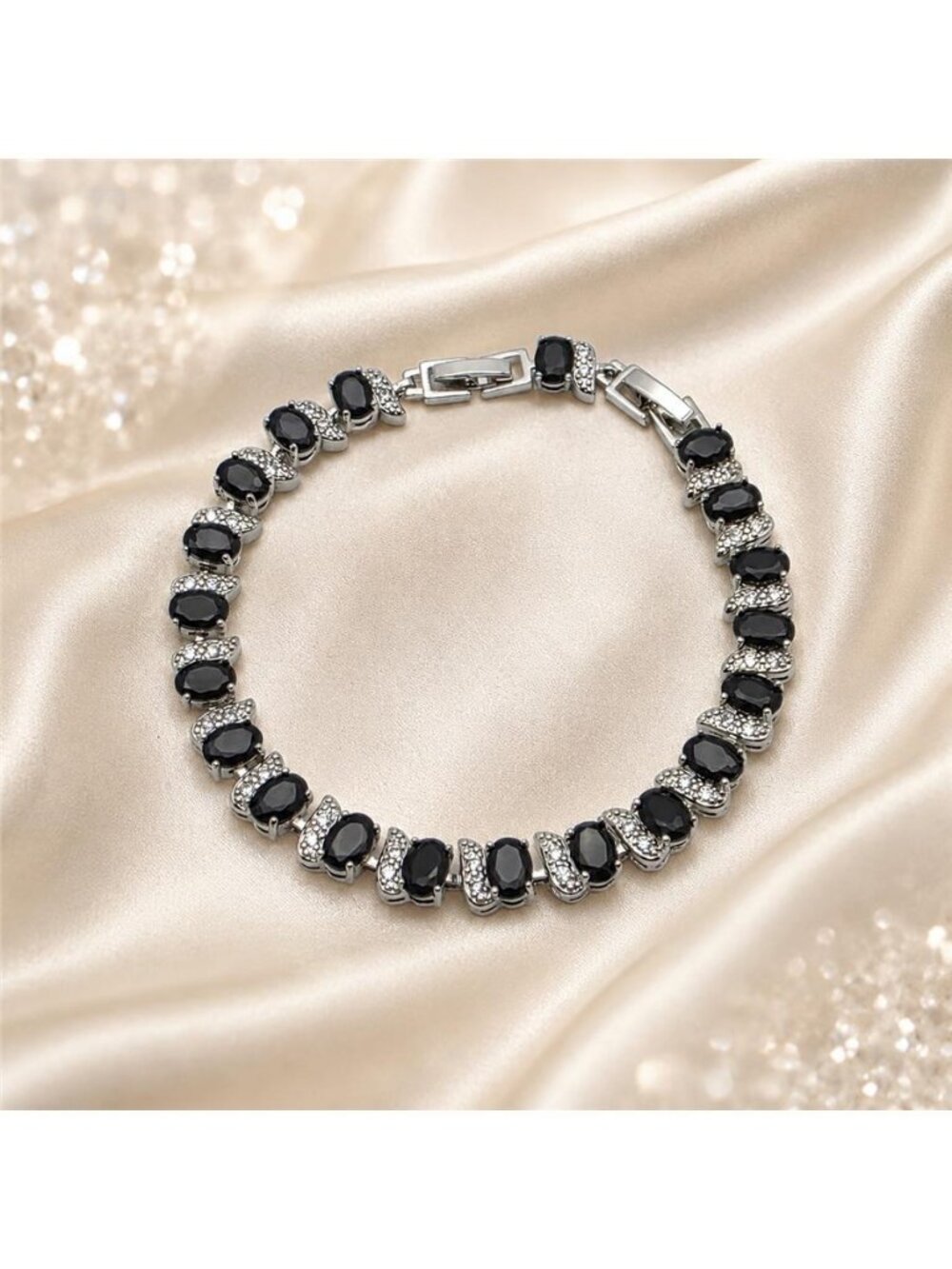 Black Clear Rhinestone Oval Crescent Link Bracelet 8.25 In Silver Tone Vintage